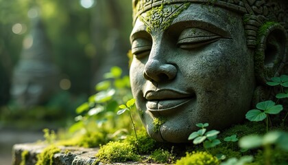 Obraz premium Ancient stone sculpture of serene face, partially covered in green moss, vegetation. Weathered carving suggests mysterious smile, evoking sense of ancient civilization, culture, archaeological
