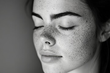 Young woman with freckles on her face, enjoying a peaceful moment, Generative AI