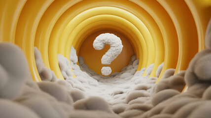 Mysterious Question Mark in Tunnel: A softly rendered question mark hovers in a yellow tunnel, surrounded by fluffy clouds, creating a sense of uncertainty and mystery.