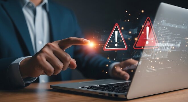 Ai generated image of a finger points to a warning sign on a laptop screen, indicating a security risk