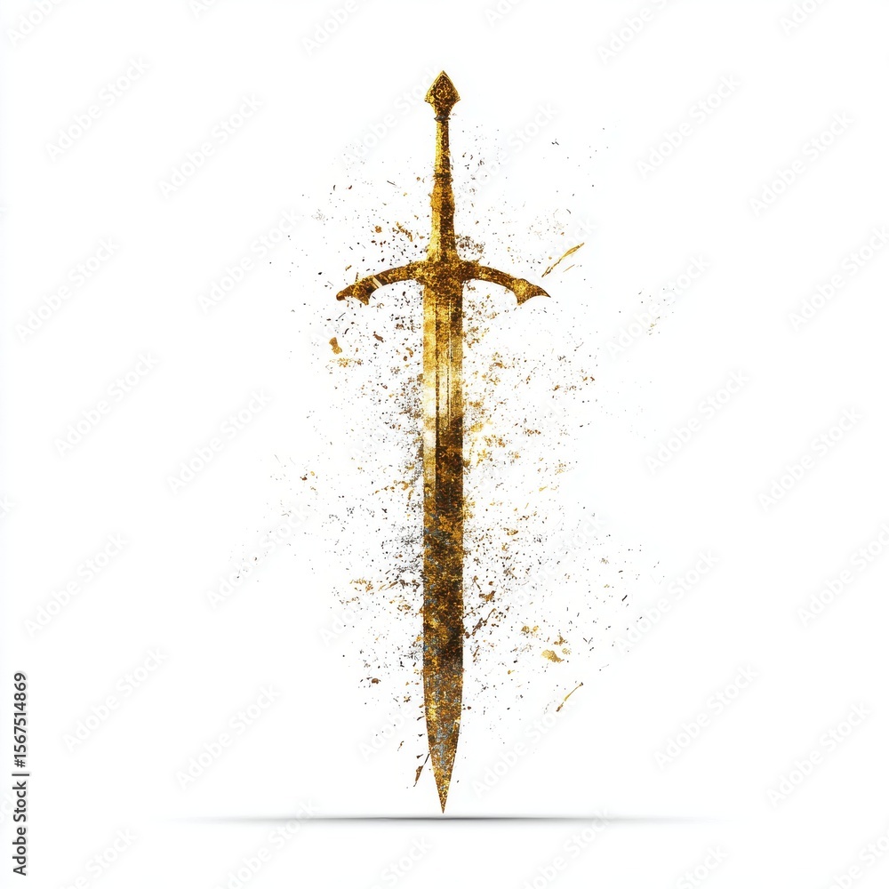 Poster golden sword disintegrating into shimmering particles on white background