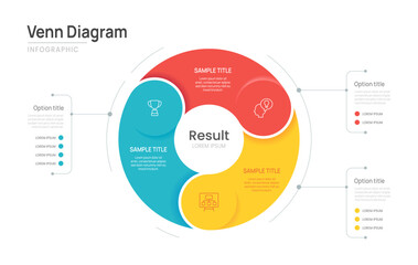 Venn diagram business infographic circle chart template 3 options, presentation with venn diagram elements vector illustration.