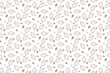 Seamless pattern of autumn leaves illustrated in a vector format. Brown and beige leaves are arranged on a white background, highlighting a simple, elegant design ideal for various applications.