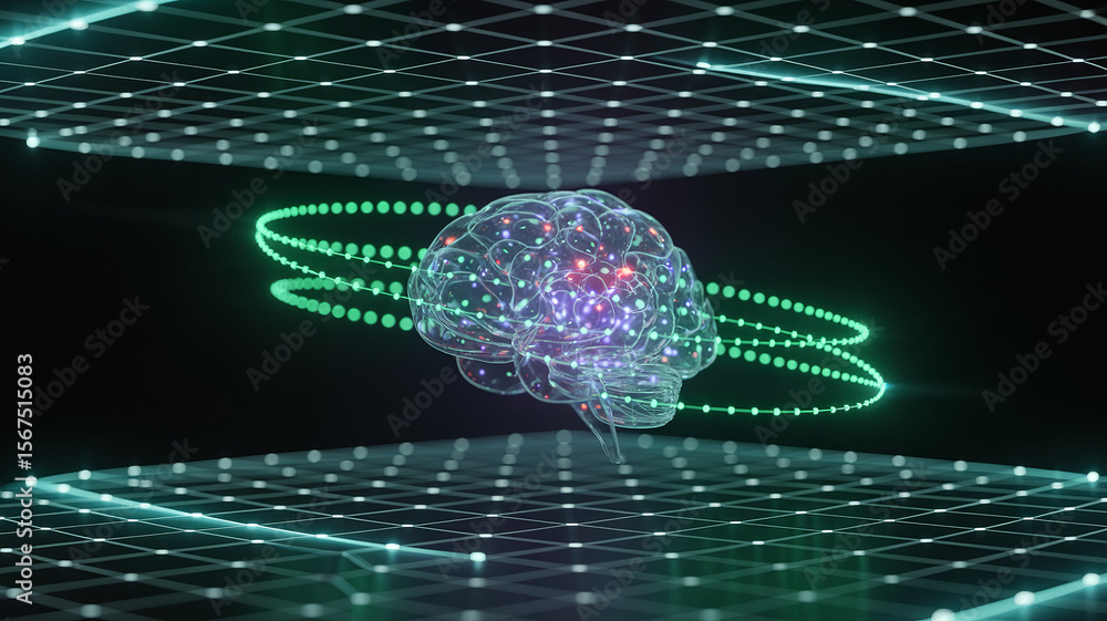 Poster brain's digital universe: a conceptual representation of the human brain, rendered as a luminous dig