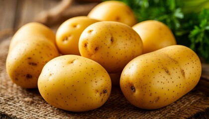 High-quality 4K image of fresh, unpeeled potatoes grouped together on a burlap surface, showcasing their natural color and texture, surrounded by greenery in the background in 3D.