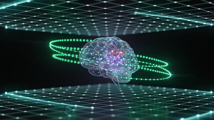 Brain's Digital Universe: A conceptual representation of the human brain, rendered as a luminous digital entity within a grid, surrounded by a glowing halo.