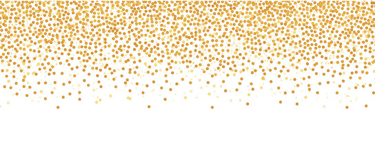 Horizontal gold glitter festive confetti isolated on transparent background. Golden glitter falling dust particles. Luxury confetti dots rain.Sparkling party border. Holiday decoration design element