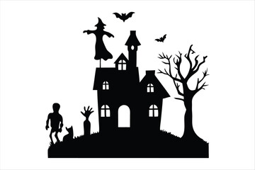 Haunted House and Halloween Elements Silhouettes - Spooky Night Vector