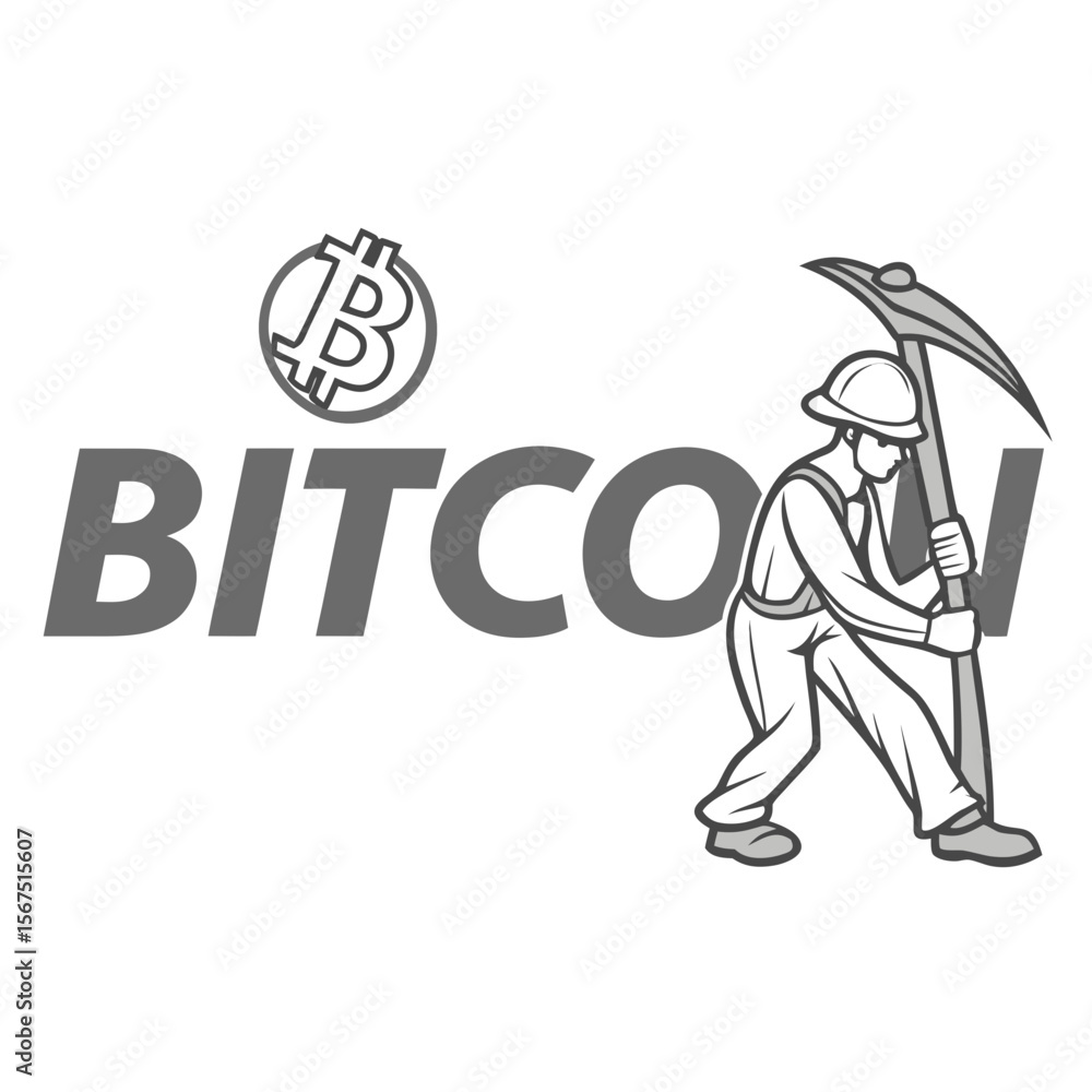 Poster bitcoin miner with pickaxe and currency symbol cryptocurrency mining