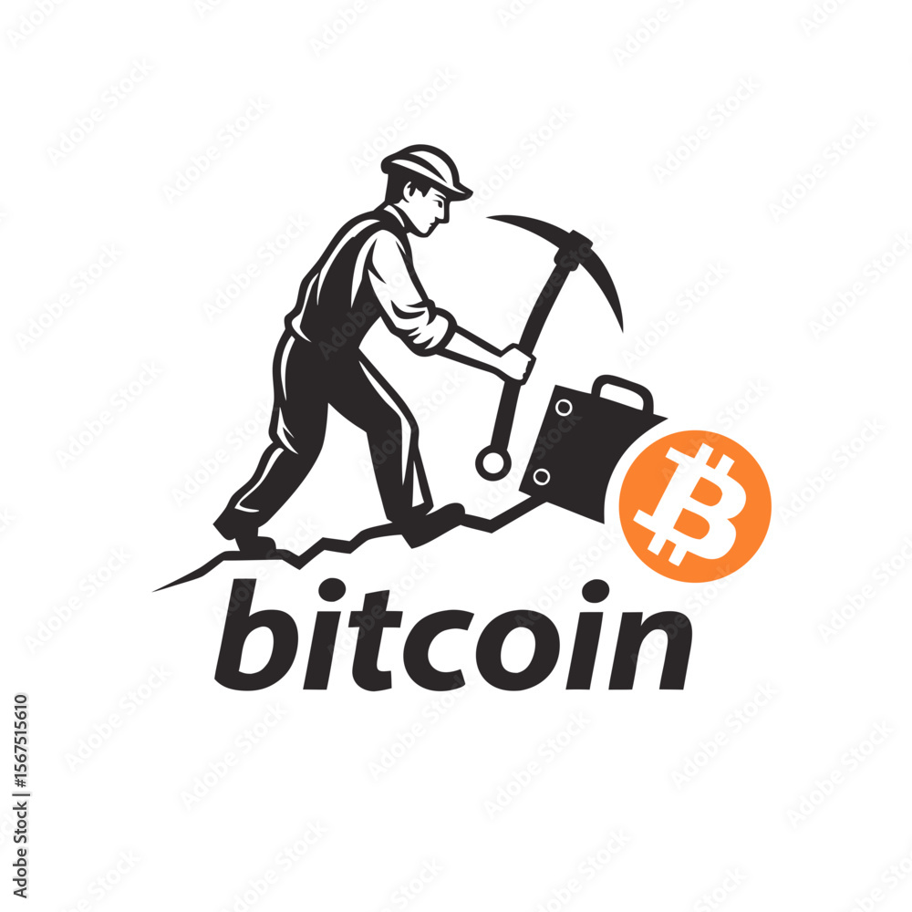 Poster bitcoin miner with pickaxe and cryptocurrency symbol mining