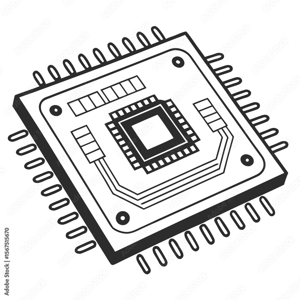 Poster black and white illustration of a computer microchip computer chip processor