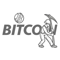 Bitcoin miner with pickaxe and currency symbol cryptocurrency mining