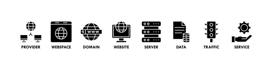 Web hosting banner web icon vector illustration concept with icon of provider, webspace, domain, website, server, data, traffic and service