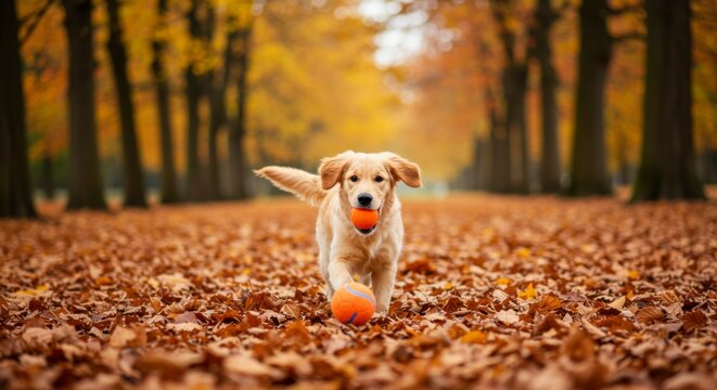 Golden retriever puppy playing in autumn park