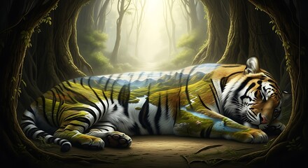 Relaxing Tiger with Landscape Double Exposure in Forest Art
