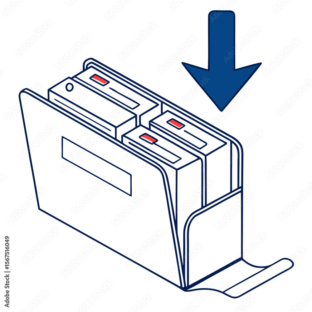 Poster blue arrow points to stacked items in a holder pointing down