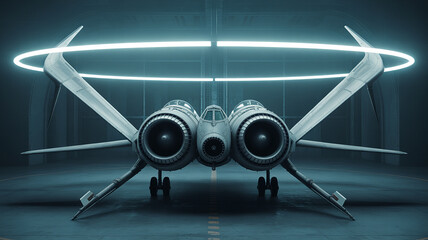 Futuristic Aircraft Design: A sleek, futuristic aircraft design, with large engines and distinctive wing-like structures, sits in a dimly lit hangar, illuminated by a bright circular light above.