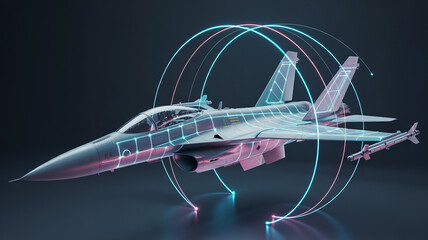 Futuristic Fighter Jet in Flight: A sleek, modern fighter jet, rendered with a technological overlay, soars through the air, futuristic lines and digital connections enhancing its design. 