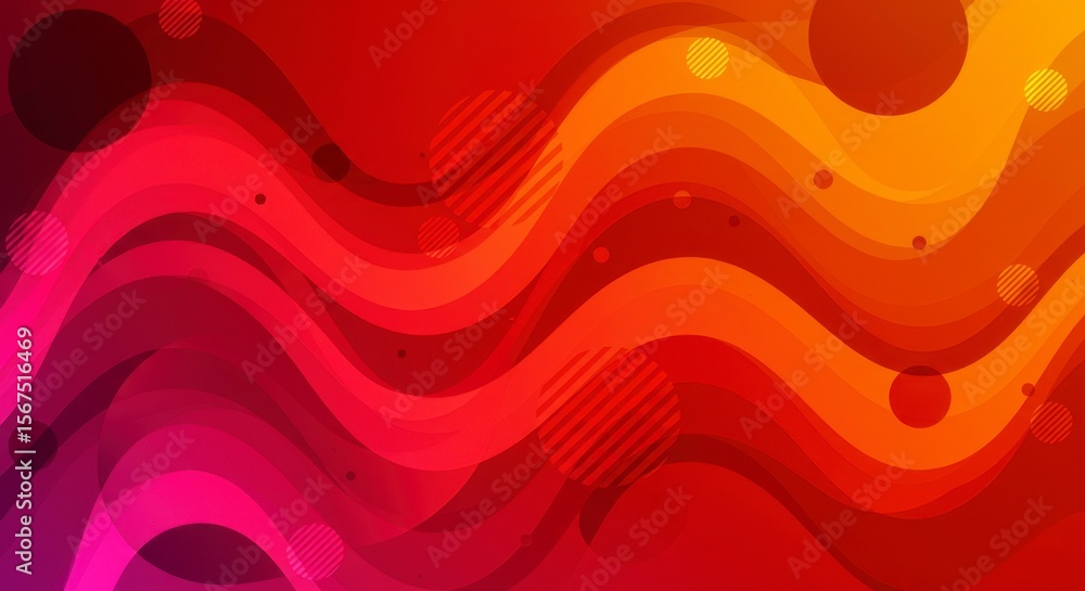 Poster abstract wavy design with gradient colors of red and orange, interspersed with circles and geometric