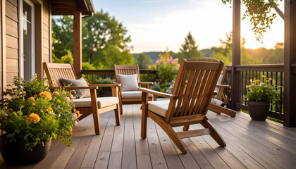 Sunset Porch Relaxation with Wooden Chairs.