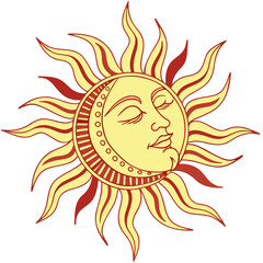 Celestial sun face with radiant rays and crescent moon solar