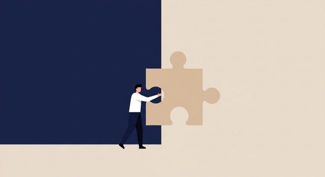 A man places a puzzle piece to connect two differently colored sections.