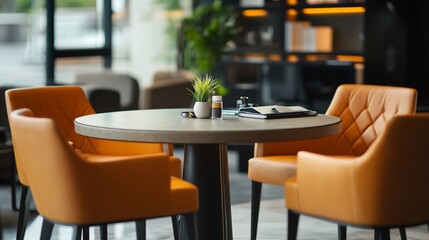 Modern Meeting Area with Orange Leather Chairs and Round Table Setup for Collaboration