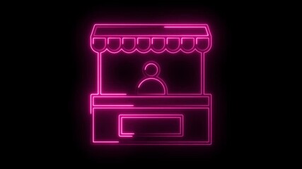 Animated neon market stall icon with vendor character on black background - Powered by Adobe