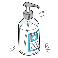 Clear bottle with pump dispenser and blue medical symbol hand sanitizer