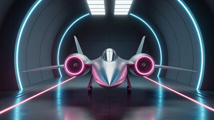 Stealth Jet in Neon Hangar: A futuristic stealth jet rests majestically within a sleek hangar, its form illuminated by vibrant neon lights.