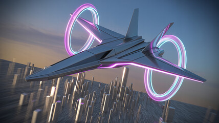Future Flight: A sleek, futuristic aircraft soars gracefully above a modern cityscape during twilight, flanked by glowing neon rings. It's a visual testament to innovation and advanced technology.