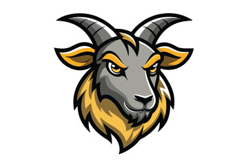 Gray goat head watches intently with sharp yellow eyes and curved horns on white