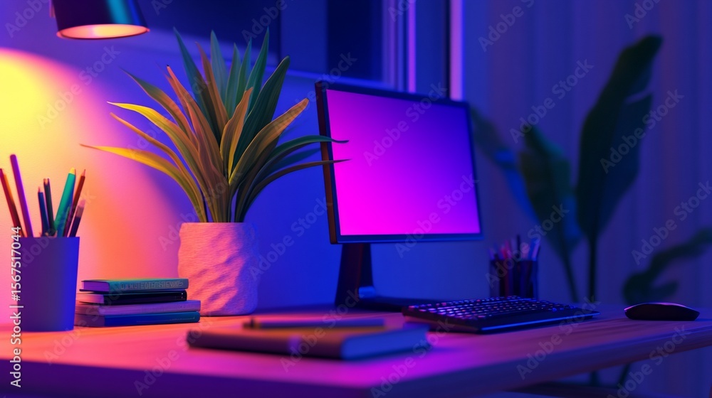 Poster a vibrant workspace with a computer and desk accessories under neon lights creating a creative atmos