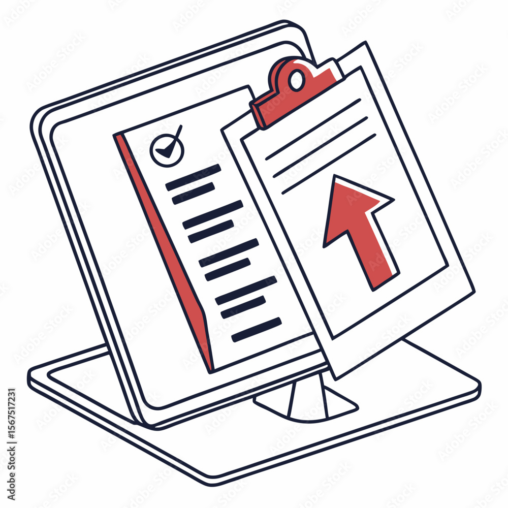 Poster computer screen with clipboard and upward arrow document paper