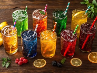 Vibrant Array of Iced Beverages with Colorful Straws and Fresh Fruit