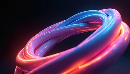 Abstract swirling shapes with vibrant neon lights in shades of pink, purple, blue create futuristic, cosmic aesthetic. Three-dimensional, looping design evokes sense of smooth motion, modern digital