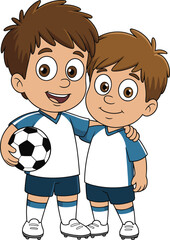 Cartoon boys in soccer uniform, holding football, smiling friends, team sport illustration, white background, kids playing soccer concept flat vector illustration