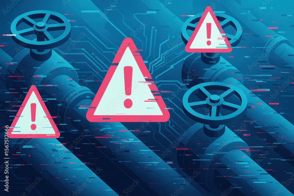 Poster digital illustration of warning signs on pipes with control valves and circuit pattern background