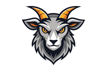 Fierce goat head stares intensely with striking golden eyes and powerful golden horns