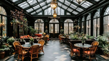 Elegant Conservatory Interior: Lush Greenery, Antique Lighting, Wicker Furniture, Atmospheric Ambiance.