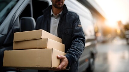 A man unloading parcels from an electric delivery van in an eco friendly urban area