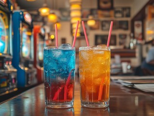 Vibrant Blue and Orange Cocktails on a Bar Top, Blurred Casino Background