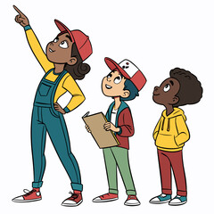 Diverse children pointing and looking up with curiosity curious