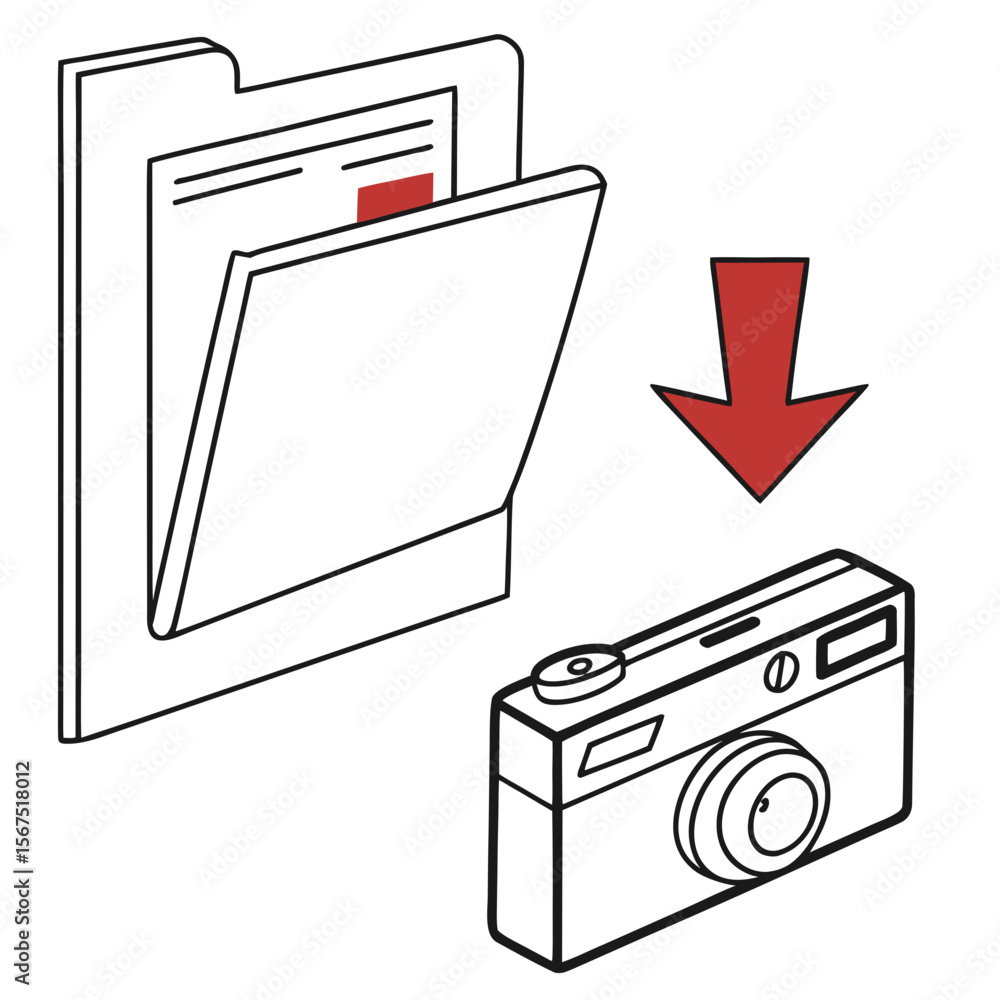 Poster document folder with red accent and camera with downward arrow papers