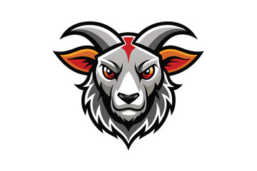 Isolated goat head with gray fur and red marking is glaring forward