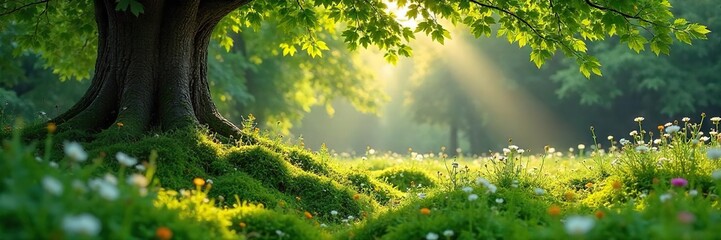 Dappled Sunlight Filtering Through Beech Tree Leaves onto Moss and Wildflowers A Serene Summer Garden Scene