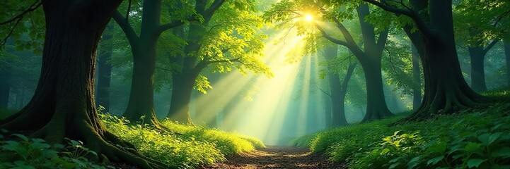 Sun Dappled Forest Tranquil Ancient Trees, Lush Canopy, Peaceful Nature Scene