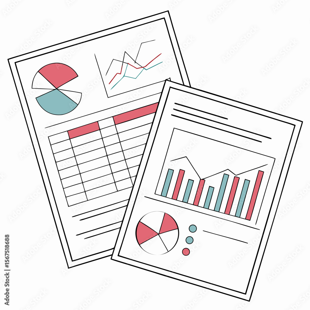 Poster financial charts and tables with red and teal accents graphs data