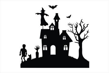 Haunted House and Halloween Elements Silhouettes - Spooky Night Vector