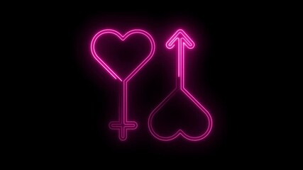 Vibrant neon gender symbols animation against black backdrop depicting male female connection - Powered by Adobe